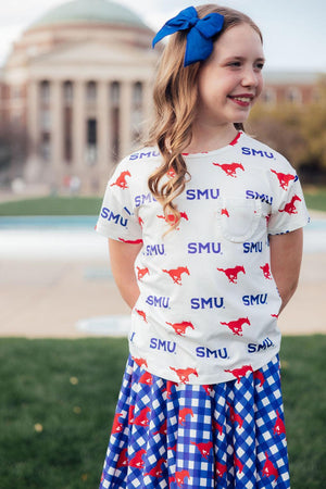 SMU White Mustang Ruffle Pocket Tee-Mila & Rose ®