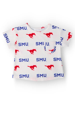 SMU White Mustang Ruffle Pocket Tee-Mila & Rose ®