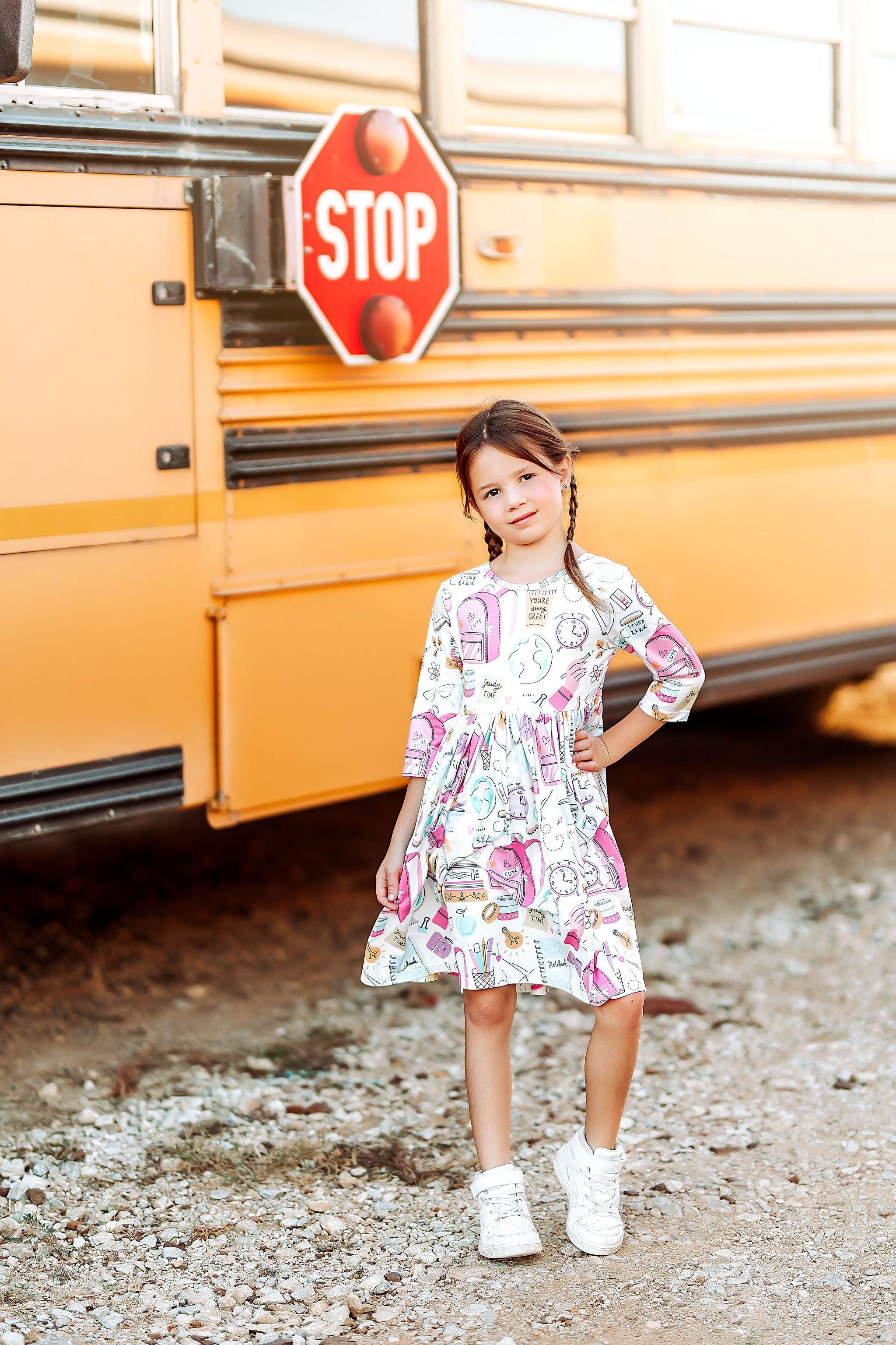 School is Cool 3/4 Sleeve Pocket Twirl Dress-Mila & Rose ®