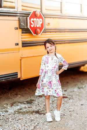 School is Cool 3/4 Sleeve Pocket Twirl Dress-Mila & Rose ®