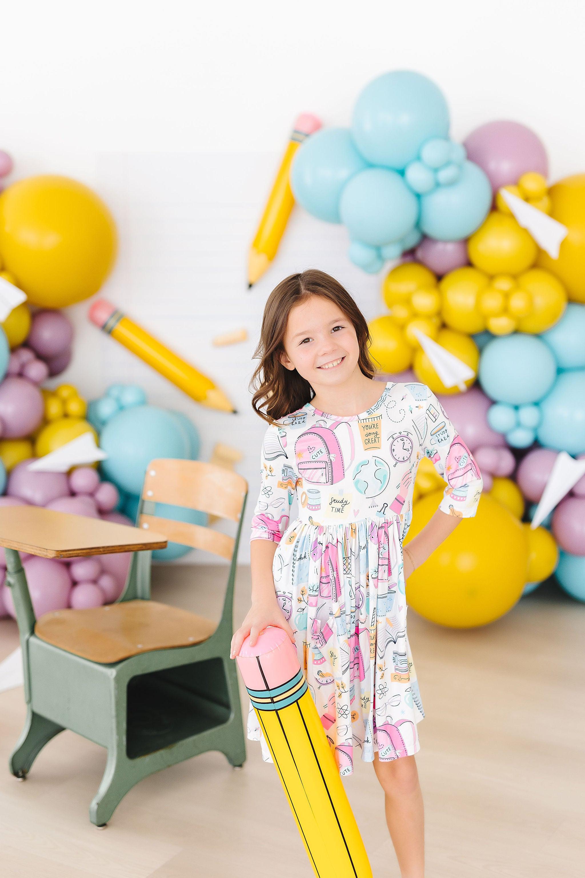 Girls' School Is Cool 3/4 Sleeve Pocket Twirl Dress Size: 3T Toddler By Mila & Rose Girls' School Is Cool 3/4 Sleeve Pocket Twirl Dress Size: 3T Toddler By Mila & Rose