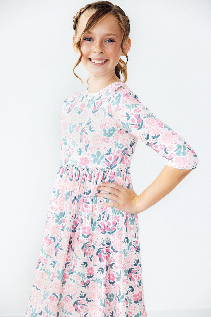 Softly Blooming 3/4 Sleeve Pocket Twirl Dress-Mila & Rose ®