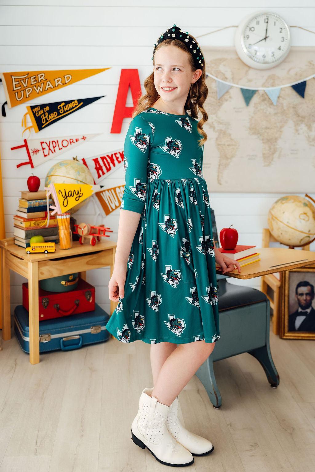 Southlake Carroll Dragons 3/4 Sleeve Pocket Twirl Dress-Mila & Rose ®