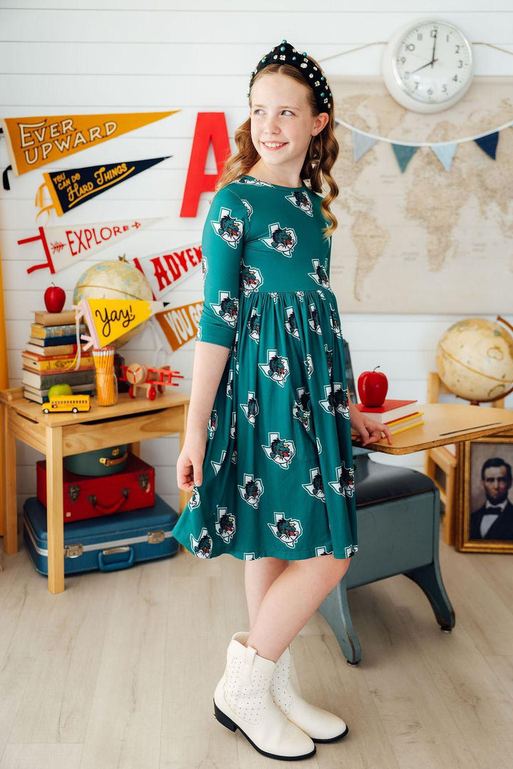 Southlake Carroll Dragons 3/4 Sleeve Pocket Twirl Dress-Mila & Rose ®