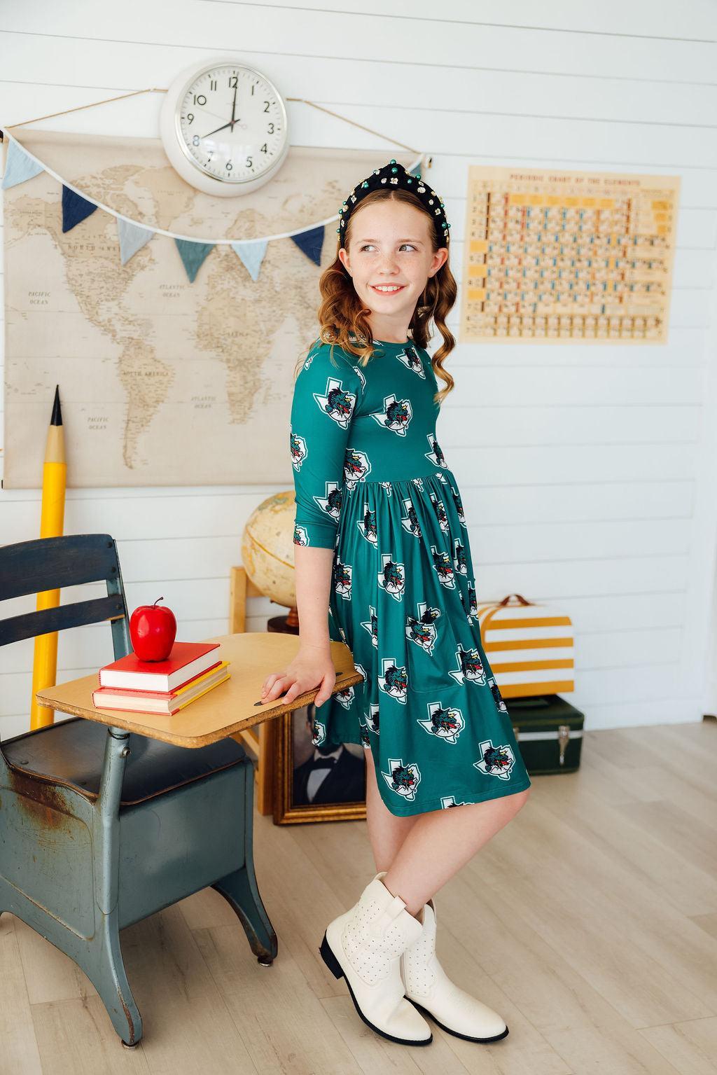 Southlake Carroll Dragons 3/4 Sleeve Pocket Twirl Dress-Mila & Rose ®