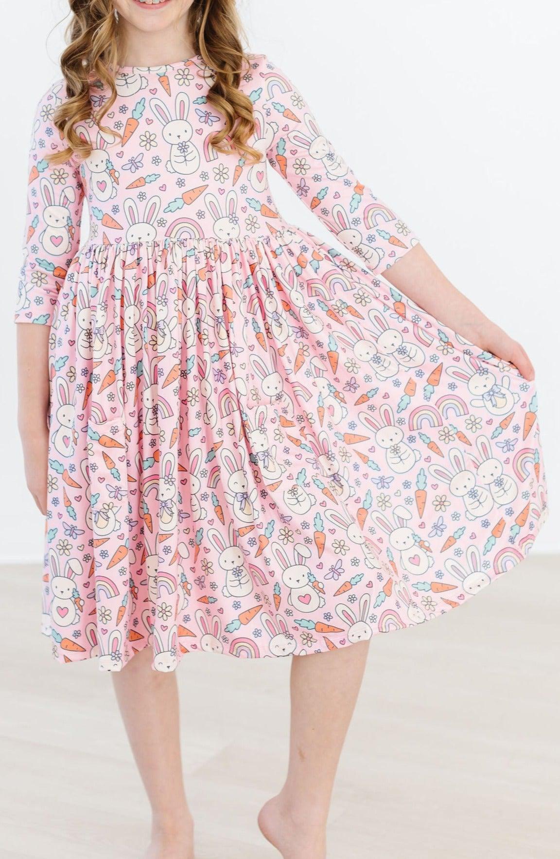 Springtime Bunnies 3/4 Sleeve Pocket Twirl Dress-Mila & Rose ®