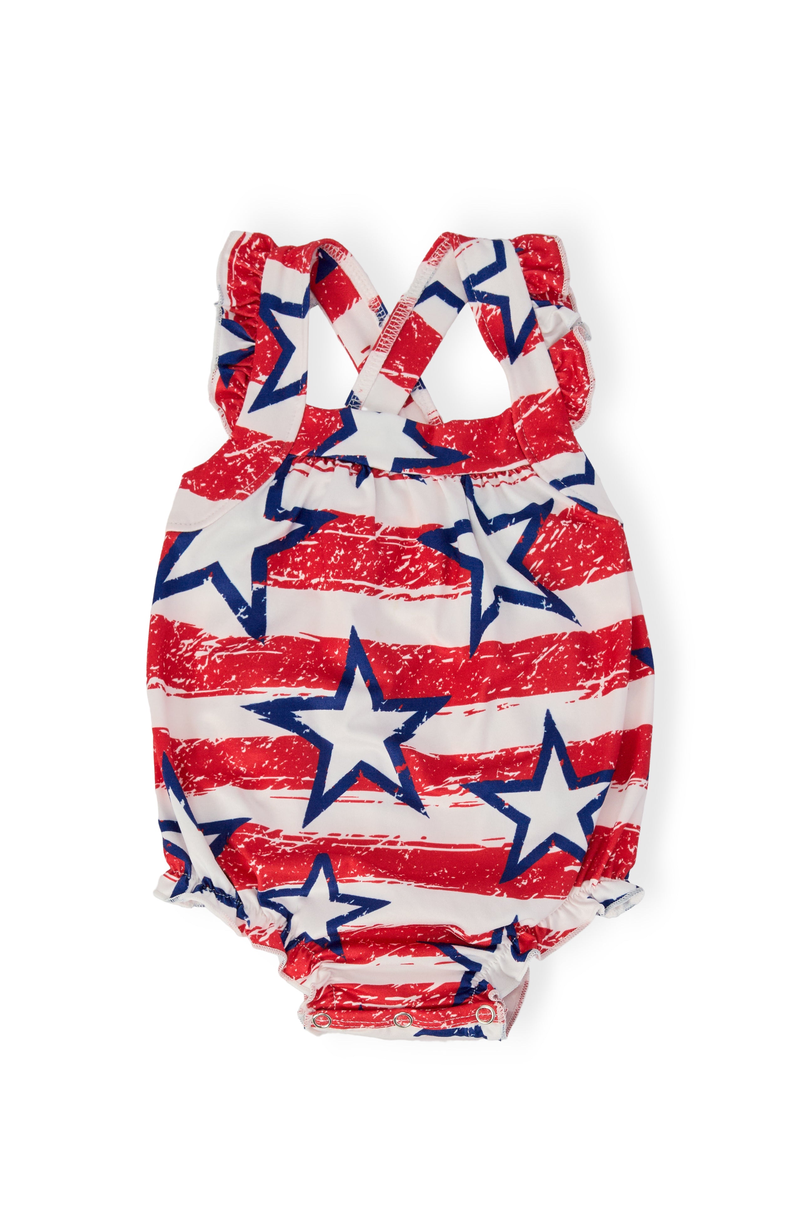 Stars & Stripes Ruffle Cross Back Romper | Mila & Rose