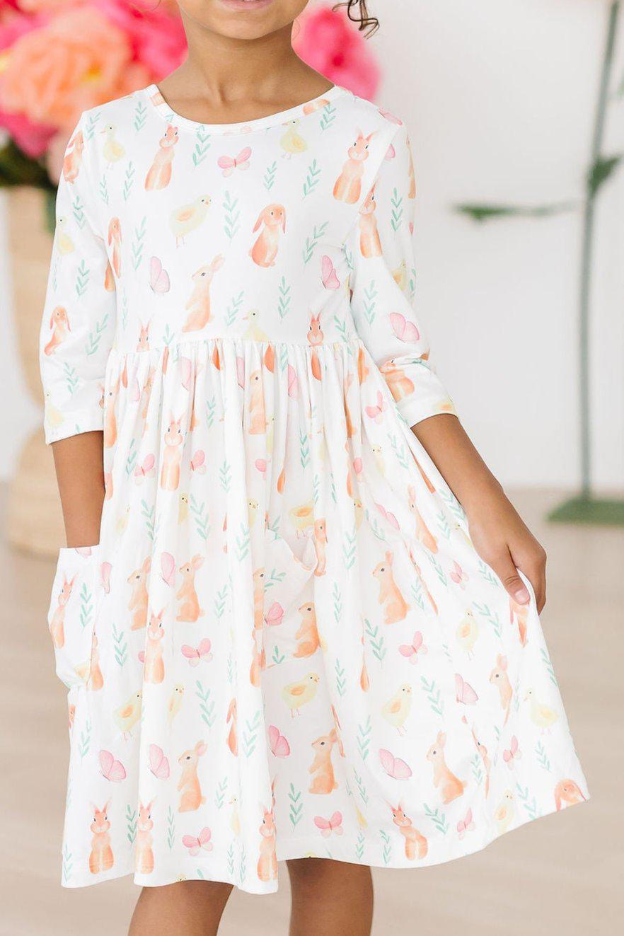 Girls' Sunny Bunnies 3/4 Sleeve Pocket Twirl Dress Size: 5/6 by Mila & Rose Girls' Sunny Bunnies 3/4 Sleeve Pocket Twirl Dress Size: 5/6 by Mila & Rose