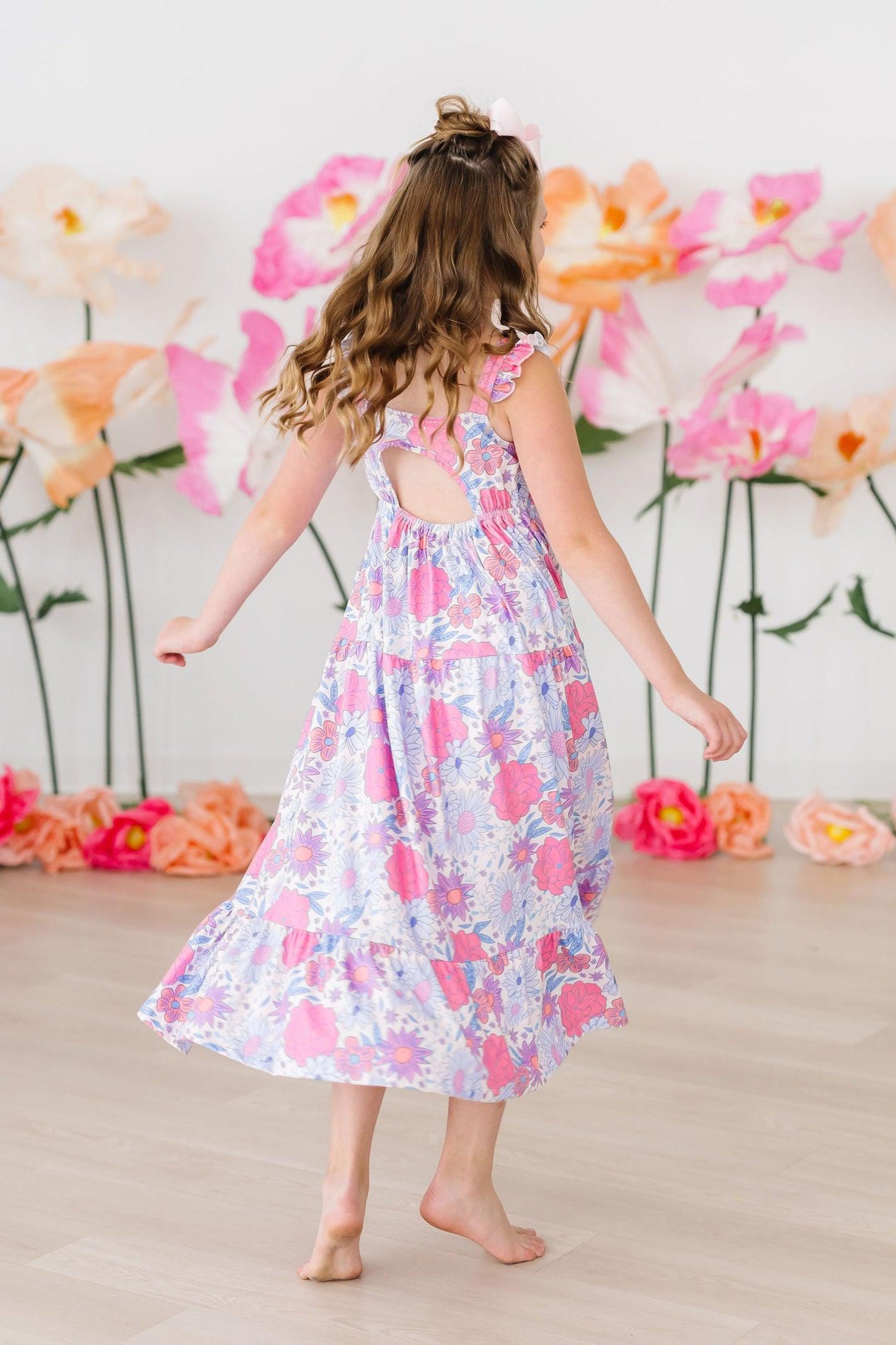 baesd girls floral printed ruffled satin maxi dress reviews Inara Light Pink Floral Print Ruffle Maxi Dress - 18
