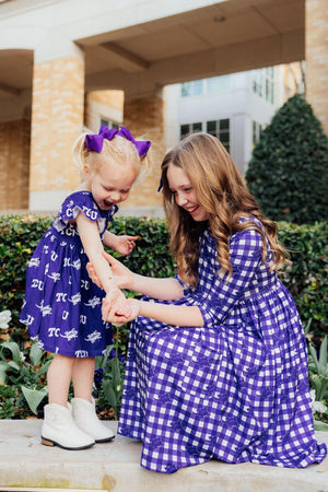 TCU Plaid Frog 3/4 Sleeve Pocket Twirl Dress-Mila & Rose ®