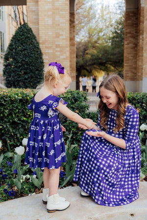TCU Plaid Frog 3/4 Sleeve Pocket Twirl Dress-Mila & Rose ®