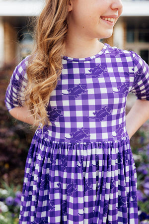 TCU Plaid Frog 3/4 Sleeve Pocket Twirl Dress-Mila & Rose ®