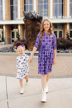TCU Plaid Frog 3/4 Sleeve Pocket Twirl Dress-Mila & Rose ®