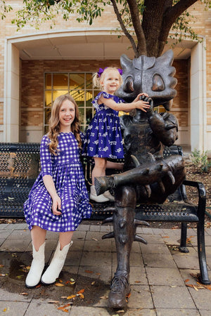 TCU Plaid Frog 3/4 Sleeve Pocket Twirl Dress-Mila & Rose ®