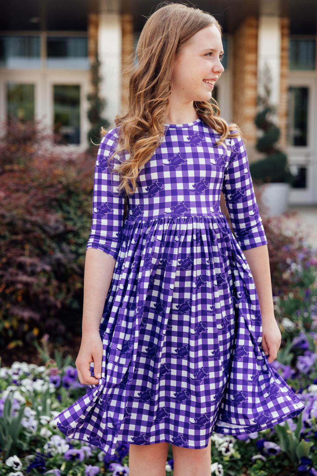 TCU Plaid Frog 3/4 Sleeve Pocket Twirl Dress-Mila & Rose ®