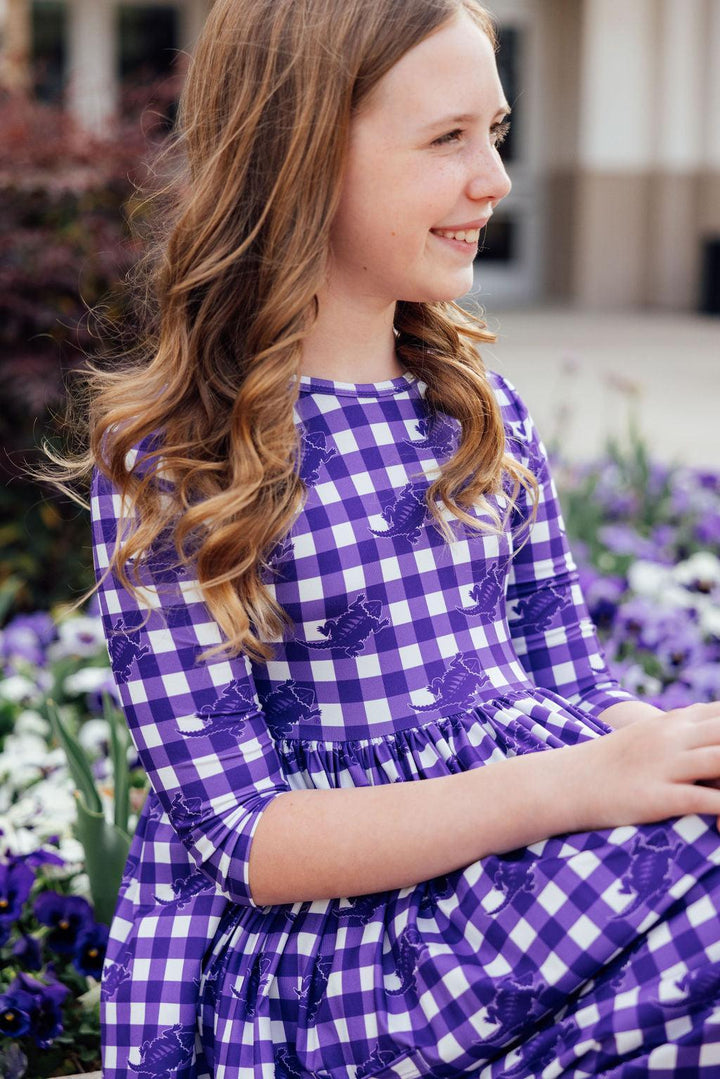 TCU Plaid Frog 3/4 Sleeve Pocket Twirl Dress-Mila & Rose ®