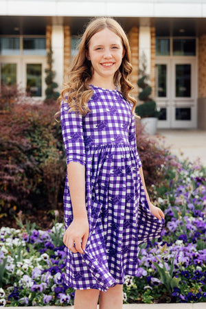 TCU Plaid Frog 3/4 Sleeve Pocket Twirl Dress-Mila & Rose ®