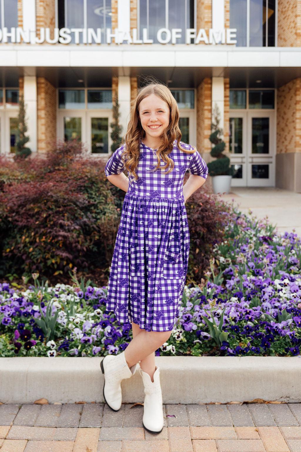 Girls' TCU Plaid Frog 3/4 Sleeve Pocket Twirl Dress Size: 7/8 by Mila & Rose
