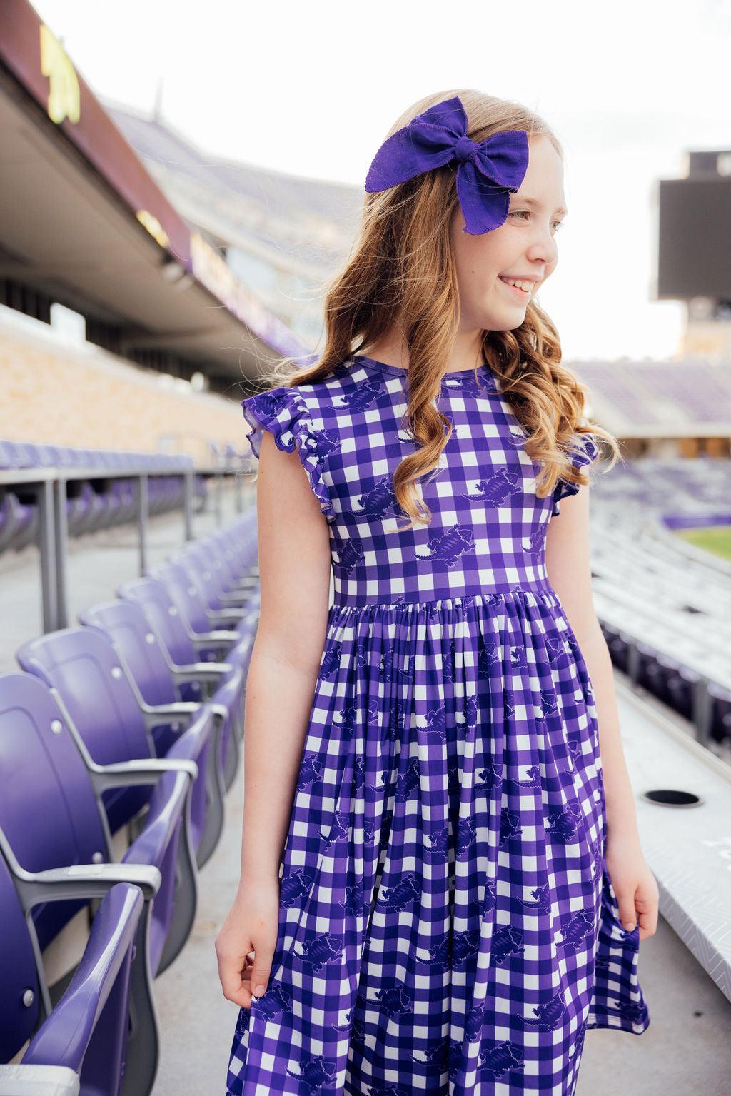 purple plaid dress TCU Plaid Frog Flutter Twirl Dress