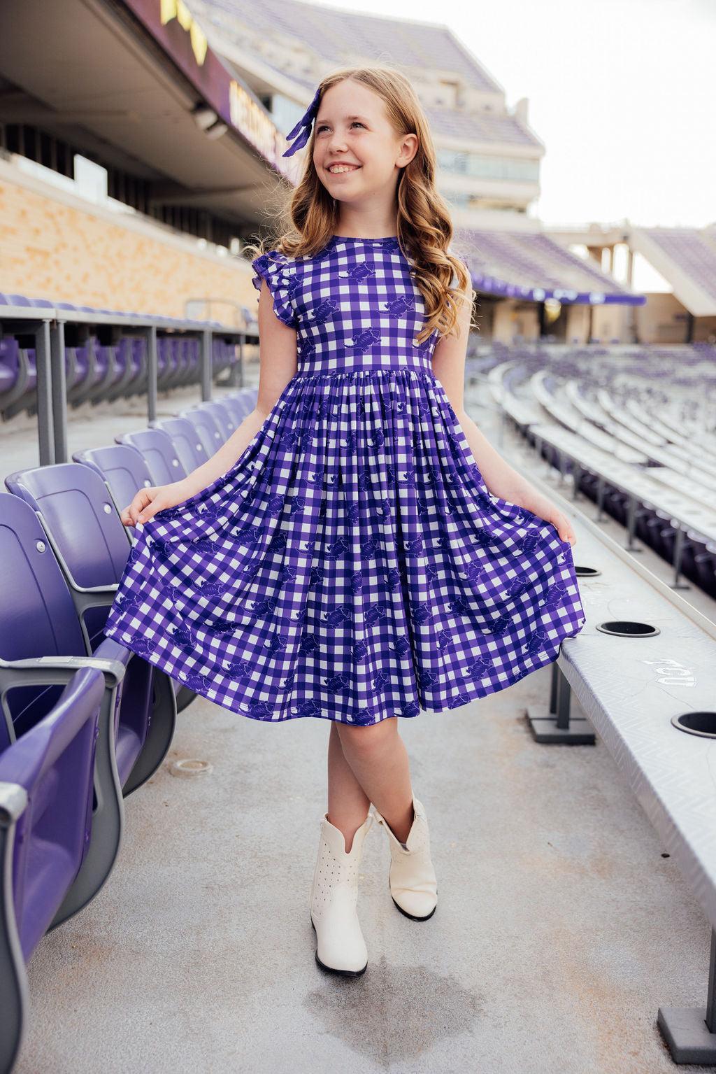 purple plaid dress Girls' Tcu Plaid Frog Flutter Twirl Dress Size: 5/6 By Mila & Rose