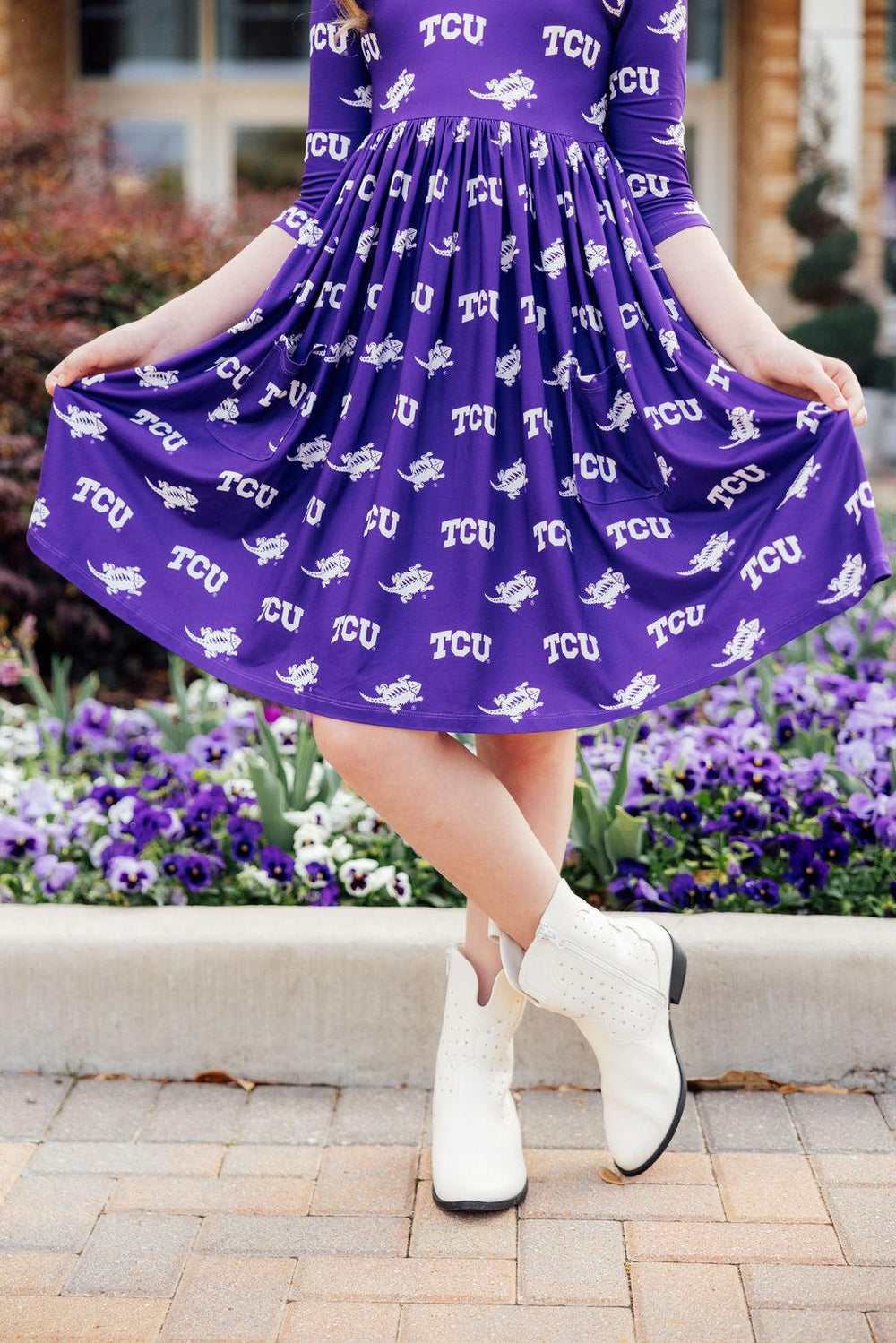 TCU Purple Frog 3/4 Sleeve Pocket Twirl Dress-Mila & Rose ®