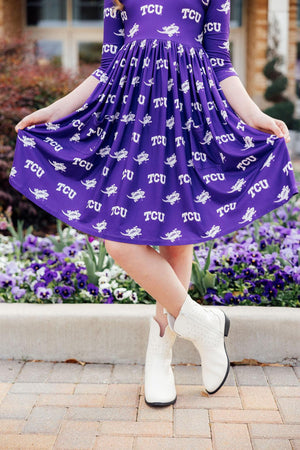 TCU Purple Frog 3/4 Sleeve Pocket Twirl Dress-Mila & Rose ®