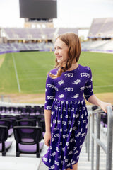 TCU Purple Frog 3/4 Sleeve Pocket Twirl Dress-Mila & Rose ®