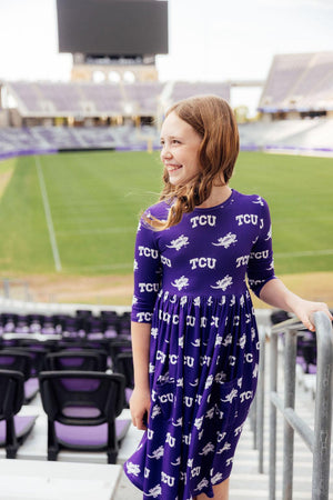TCU Purple Frog 3/4 Sleeve Pocket Twirl Dress-Mila & Rose ®