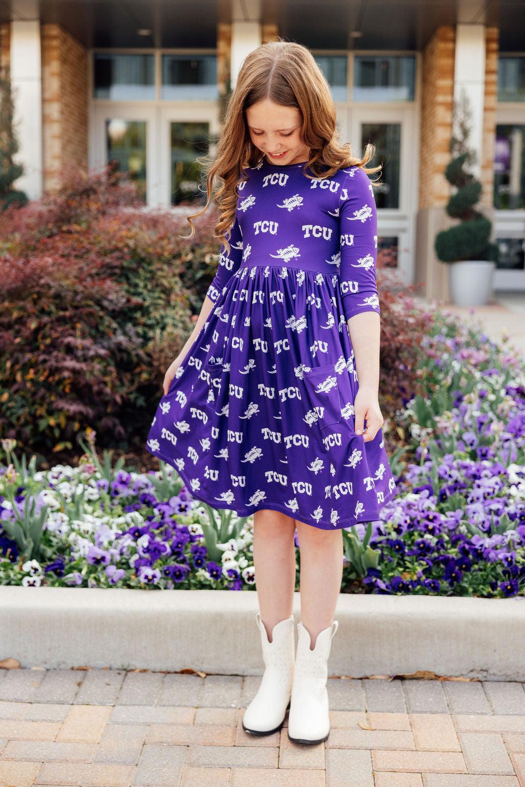 TCU Purple Frog 3/4 Sleeve Pocket Twirl Dress-Mila & Rose ®