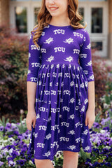 TCU Purple Frog 3/4 Sleeve Pocket Twirl Dress-Mila & Rose ®