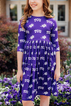 TCU Purple Frog 3/4 Sleeve Pocket Twirl Dress-Mila & Rose ®