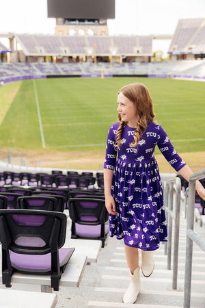 TCU Purple Frog 3/4 Sleeve Pocket Twirl Dress-Mila & Rose ®