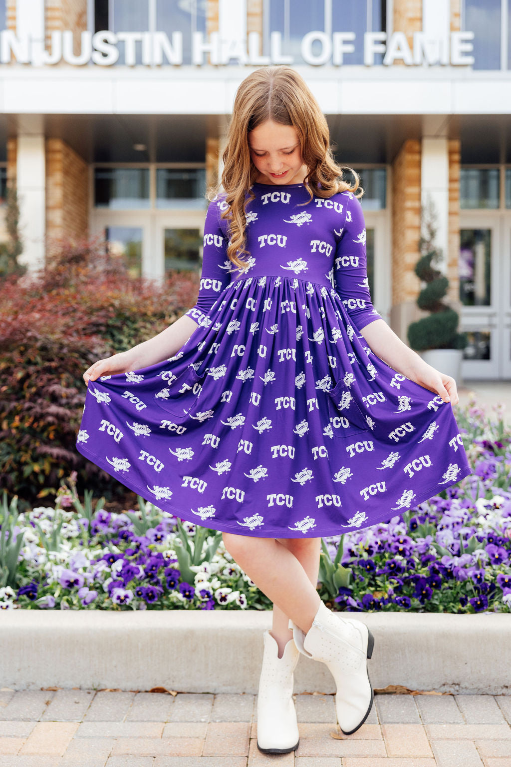 purple game day dress Girls' Tcu Purple Frog 3/4 Sleeve Pocket Twirl Dress Size: 5/6 By Mila & Rose
