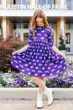 TCU Purple Frog 3/4 Sleeve Pocket Twirl Dress-Mila & Rose ®