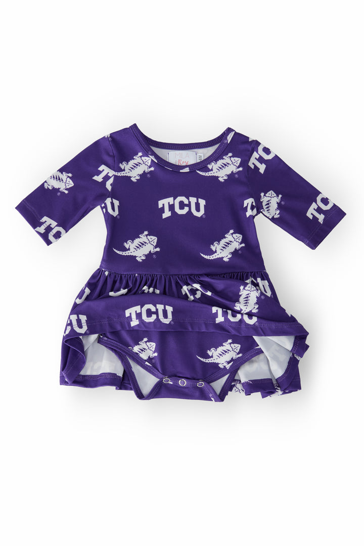 TCU Purple Frog 3/4 Sleeve Twirl Bodysuit-Mila & Rose ®