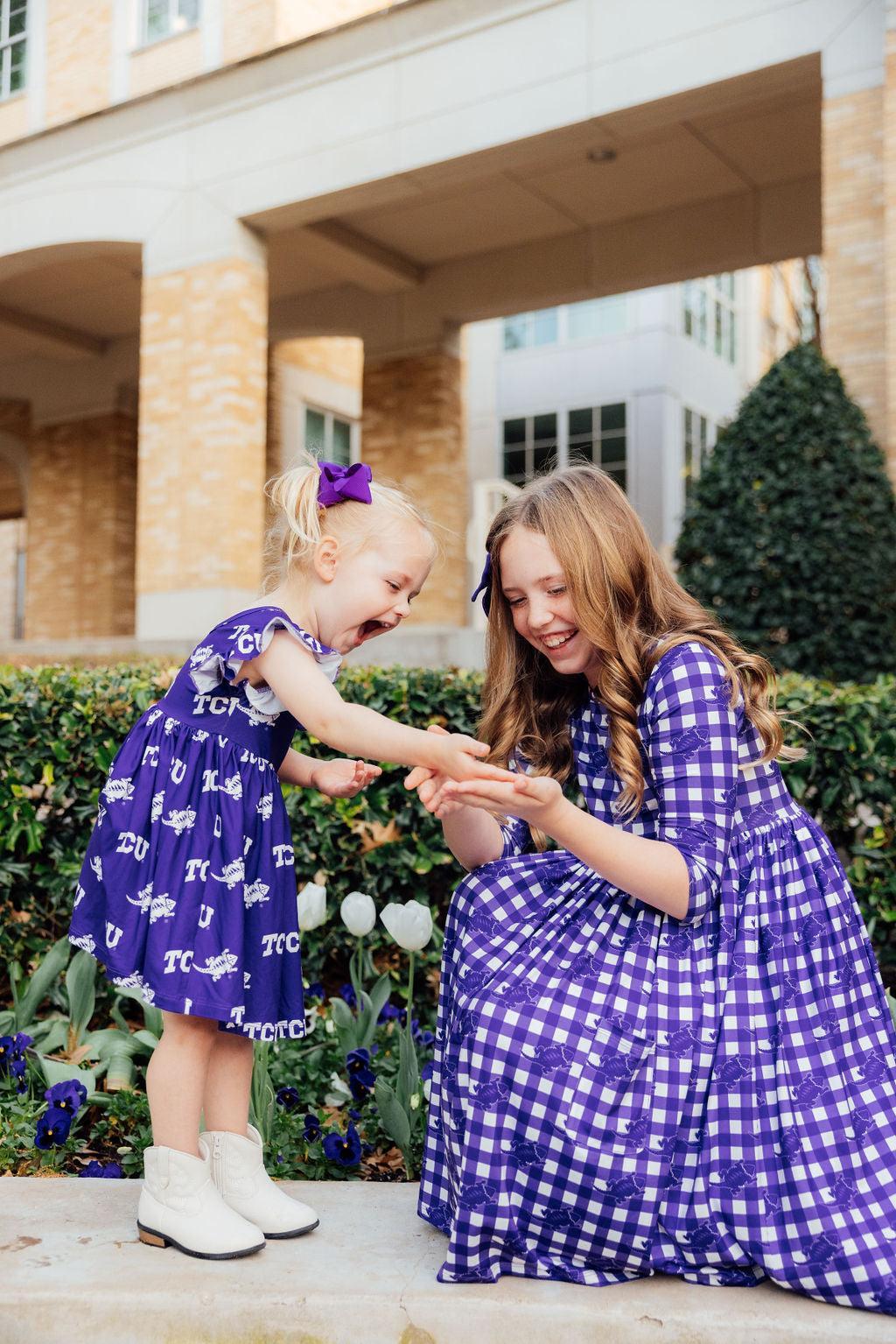 TCU Purple Frog Flutter Twirl Dress-Mila & Rose ®