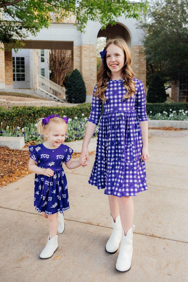 TCU Purple Frog Flutter Twirl Dress-Mila & Rose ®