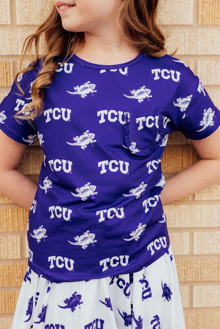 TCU Purple Frog Ruffle Pocket Tee-Mila & Rose ®