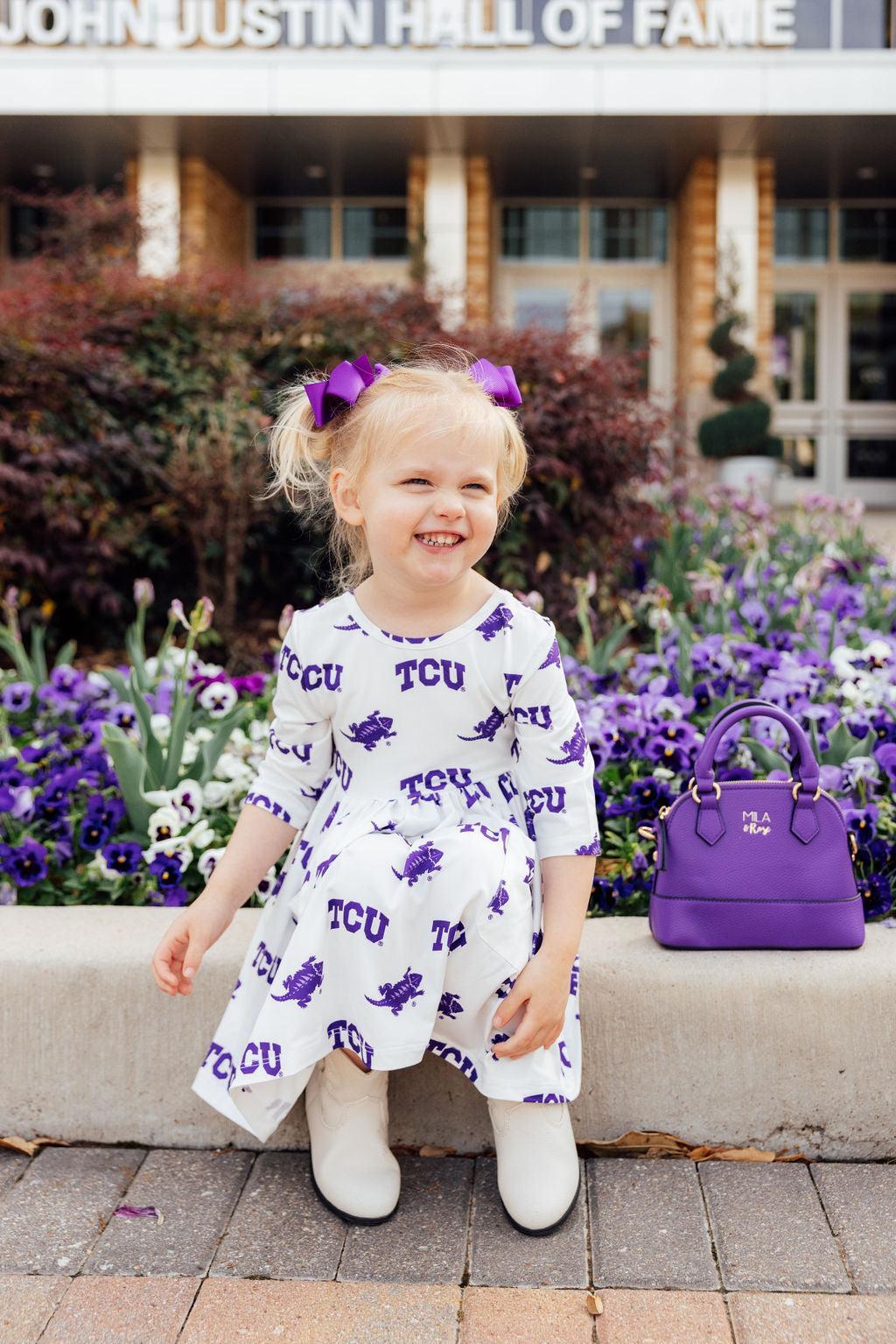 TCU White Frog 3/4 Sleeve Pocket Twirl Dress-Mila & Rose ®