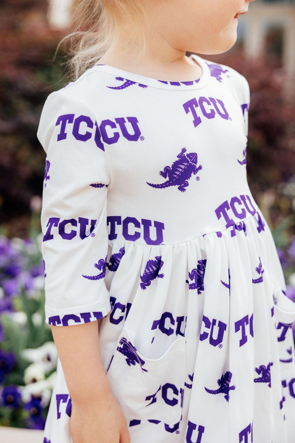 TCU White Frog 3/4 Sleeve Pocket Twirl Dress-Mila & Rose ®