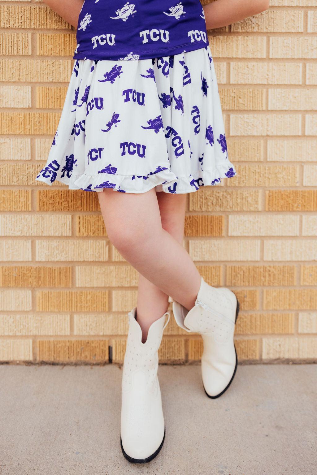 TCU White Frog Ruffle Twirl Skort-Mila & Rose ®