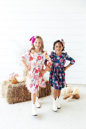 Tangerine Leaves 3/4 Sleeve Ruffle Twirl Dress-Mila & Rose ®