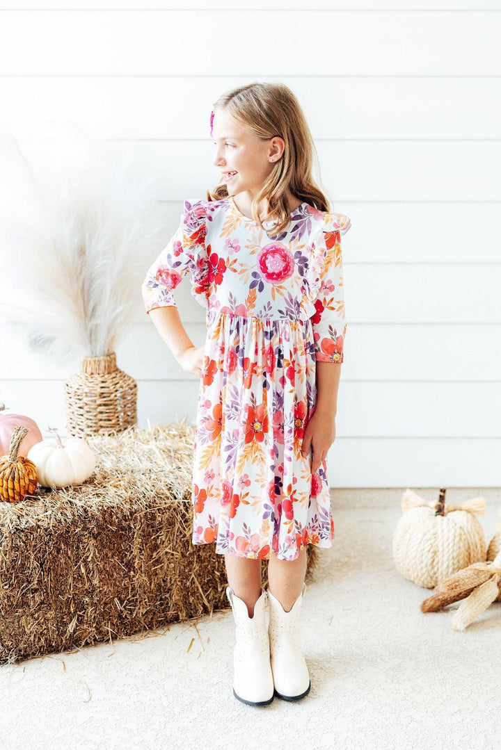 Tangerine Leaves 3/4 Sleeve Ruffle Twirl Dress-Mila & Rose ®