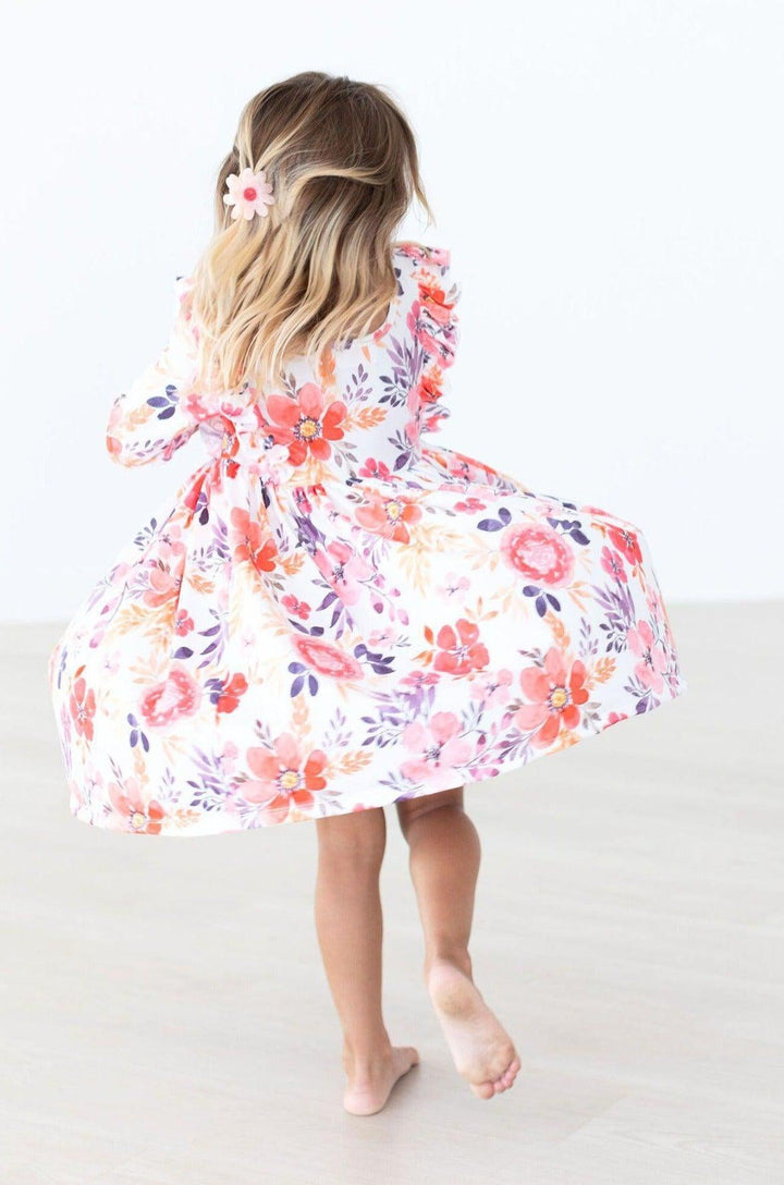 Tangerine Leaves 3/4 Sleeve Ruffle Twirl Dress-Mila & Rose ®