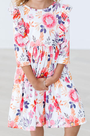 Tangerine Leaves 3/4 Sleeve Ruffle Twirl Dress-Mila & Rose ®