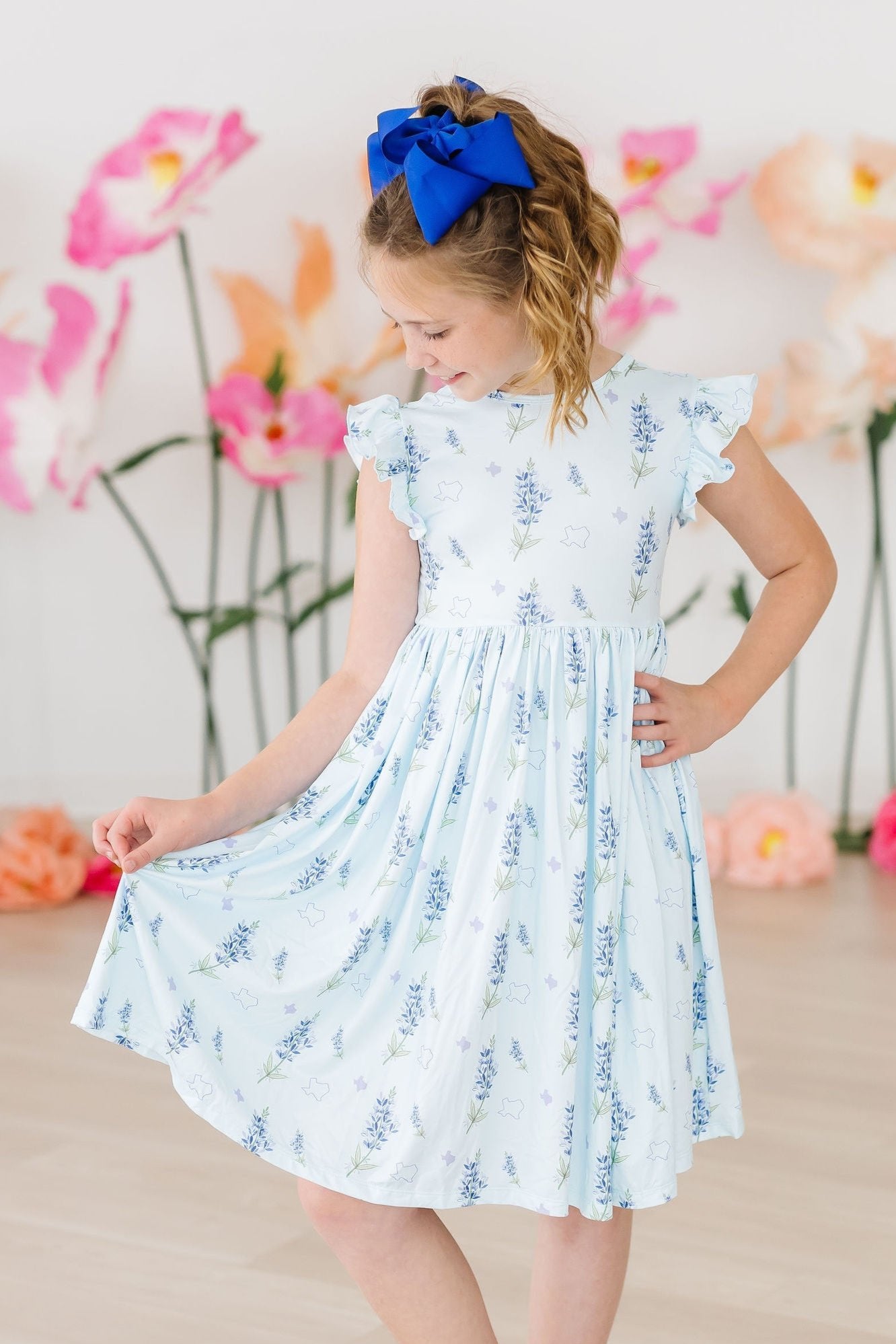 Girls' Texas Bluebonnets Flutter Sleeve Twirl Dress Size: 7/8 By Mila & Rose Girls' Texas Bluebonnets Flutter Sleeve Twirl Dress Size: 7/8 By Mila & Rose
