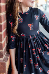 Texas Tech Black Raider Red 3/4 Sleeve Pocket Twirl Dress-Mila & Rose ®