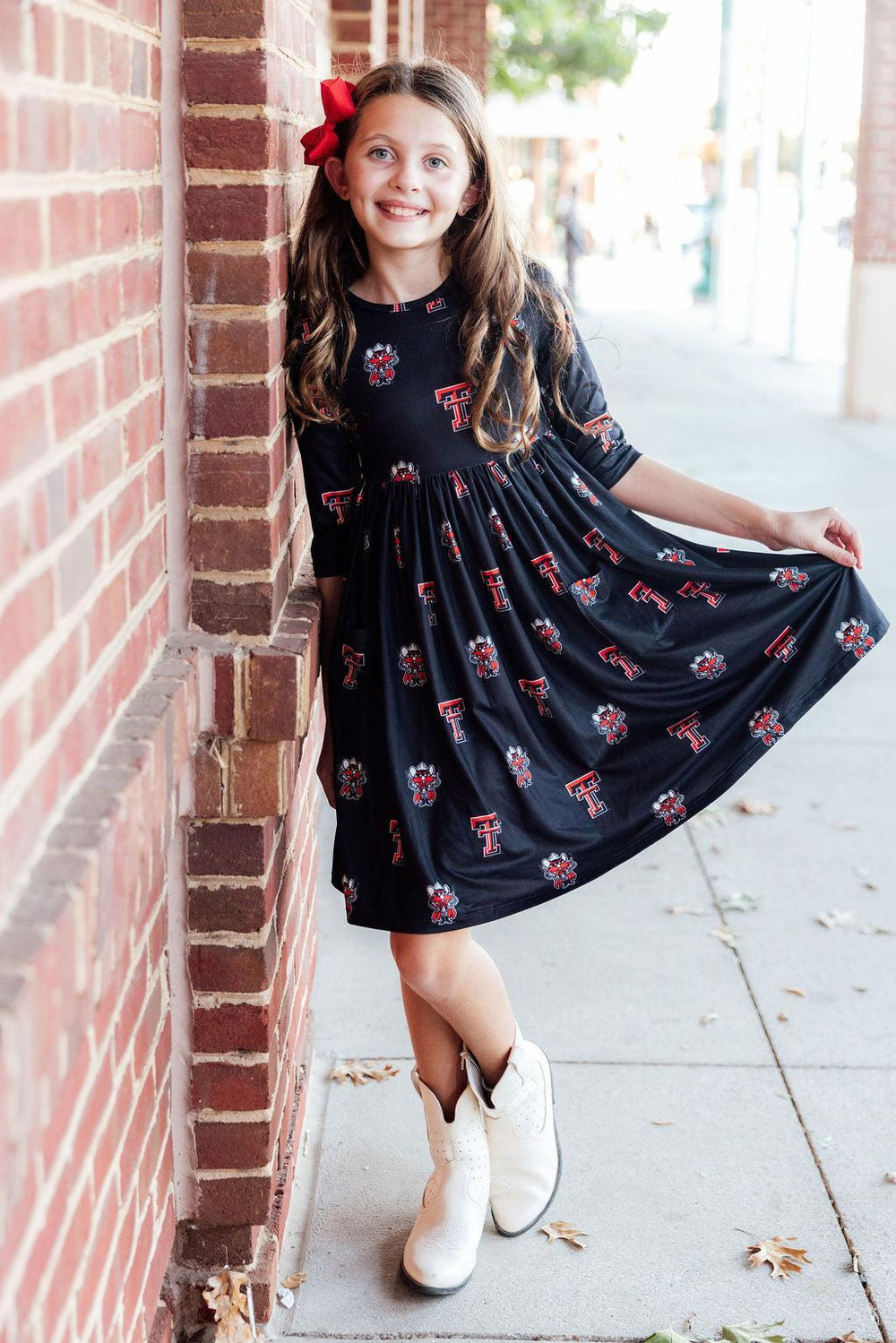 Texas Tech Black Raider Red 3/4 Sleeve Pocket Twirl Dress-Mila & Rose ®