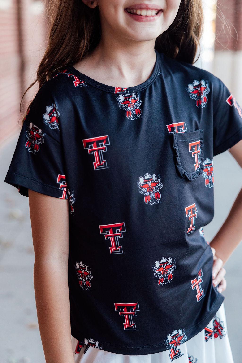 Texas Tech Black Raider Red Ruffle Pocket Tee-Mila & Rose ®