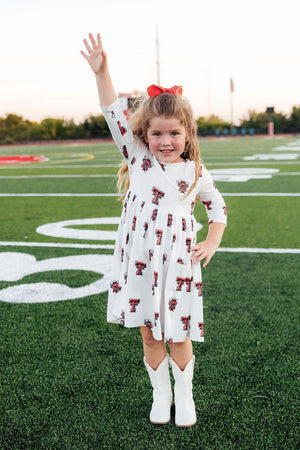 Texas Tech White Raider Red 3/4 Sleeve Pocket Twirl Dress-Mila & Rose ®